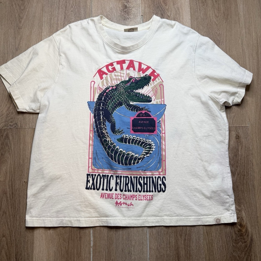 AGTAWH T-Shirt XL 100% Cotton Crocodile Exotic Graphic Embroidered Logo Cream